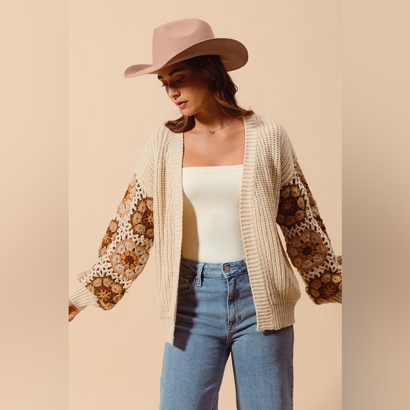 Beige ivory Flower floral granny embroidered cardigan boho bohemian sweater - Picture 9 of 16